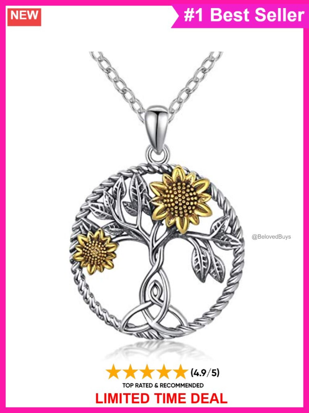 925 Sterling Silver Sunflower Tree of Life Pendant Necklace